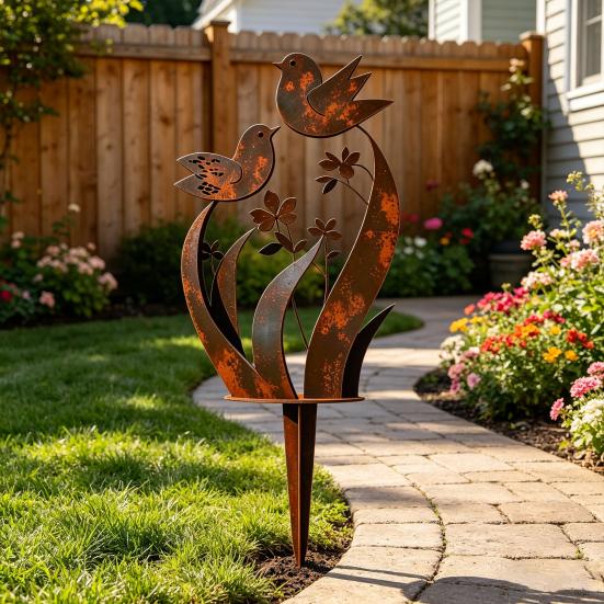 2 Stück Vogel und Wildblume Metall Gartenstecker Vintage Rost Außenpflanzenstecker Dekorative Hofkunst für Terrasse Rasen Veranda Dekoration