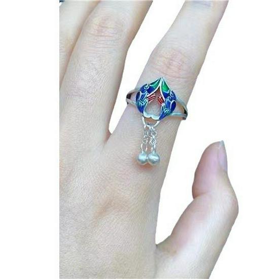 S925 Sterling Silver Cloisonné Enamel Blue Women's Ethnic Tassel Ring