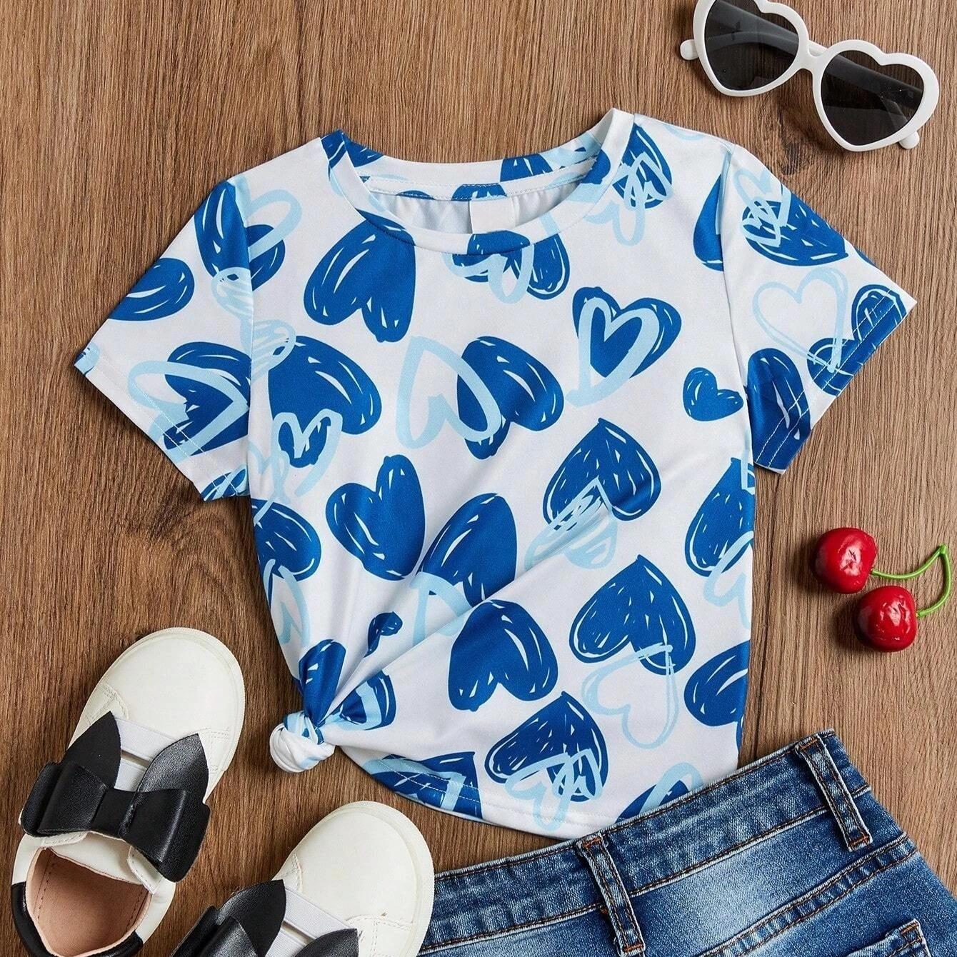 

Summer Round Neck 3D Flower Heart Printed Top Fashionable Casual Short Sleeved Children s Girl T-shirts 170