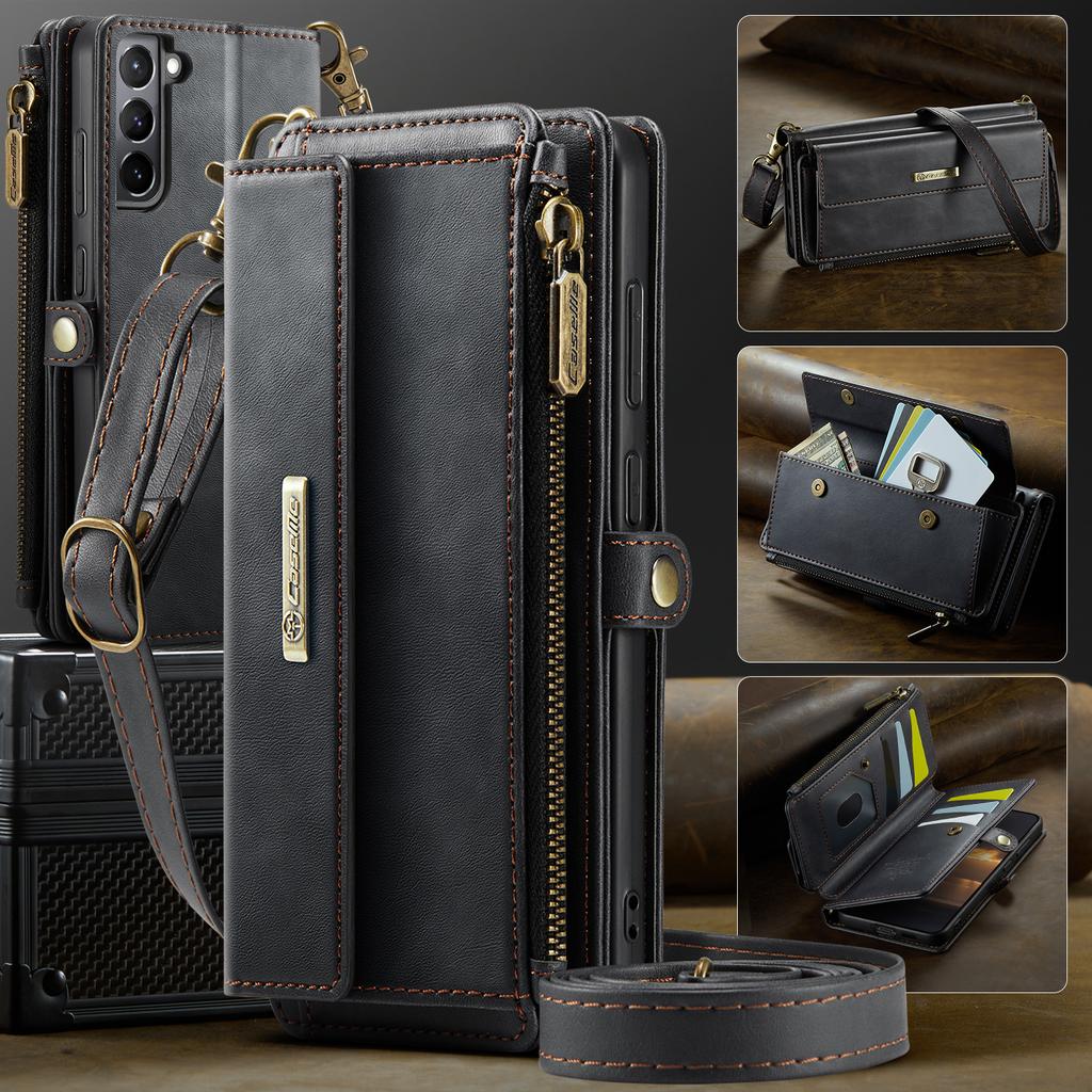 For Samsung Galaxy S21 4G/Galaxy S21 5G Case CASEME C39 RFID Blocking Zipper Wallet Stand Leather Cover with Strap