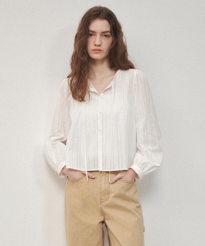 OSTKAKA Pintuck Lace Blouse Long Sleeve Ivory