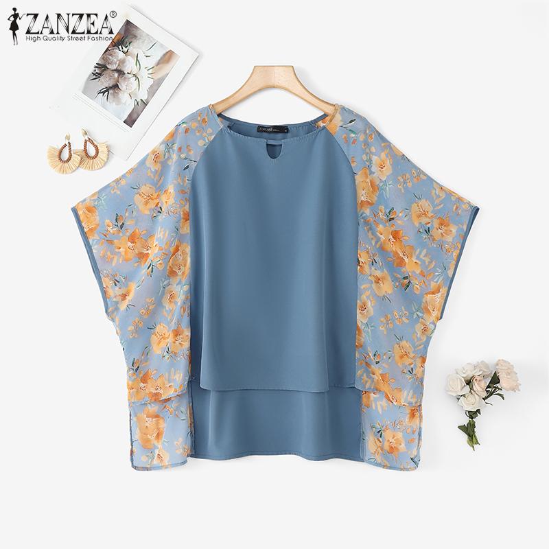 ZANZEA Women Casual Floral Print Splice 3/4 Sleeve Loose Blouse