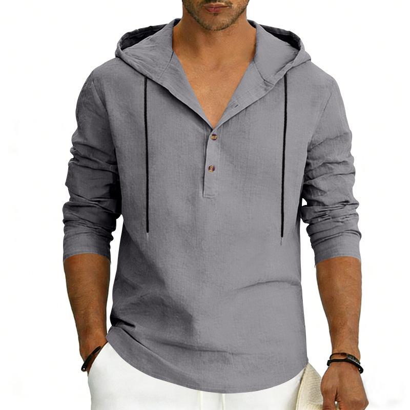 New Men’s Linen Plus-size Hooded Long-sleeved Top – Casual Plain-colour Hoodie