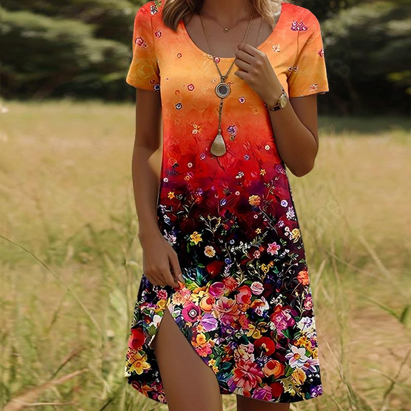 

Модное женское свободное красивое цветочное платье с круглым вырезом и коротким рукавом с принтом листьев, свободное уличное платье А-силуэта M оранжевый