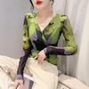 European 2025 Autumn/Winter V-Neck Ruched Mesh Print Slimming Long Sleeve Shirt