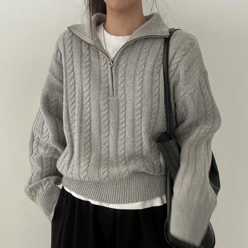 

Deeptown корейская мода полумолния свитера женские винтажные витой трикотажные укороченные пуловеры повседневные Sueter Mujer с длинным рукавом One Size серый