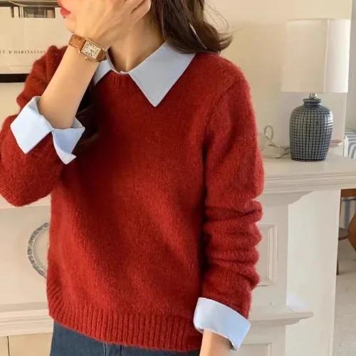 Winter Solid Knitted Pullover Sweater Women Retro Fake Two Pieces Top Pullover Female Korean Fashion Vintage Sweater 2024 New