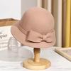 Keep Warm Women Fisherman Hat Solid Color Woolen Bucket Hat Elegant Bow Topper Hat  Lady