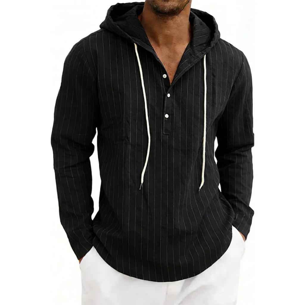 Men's Striped Hooded Casual Shirt Long Sleeve Linen Cotton Casual Tops Drawstring Beach Hoodie Blouse