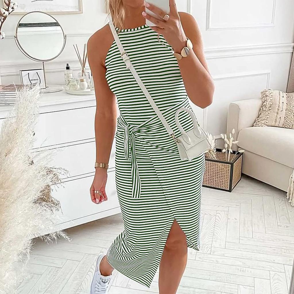Women's Casual Sleeveless Striped Vest Medium Long Neck Draped Tight Dress