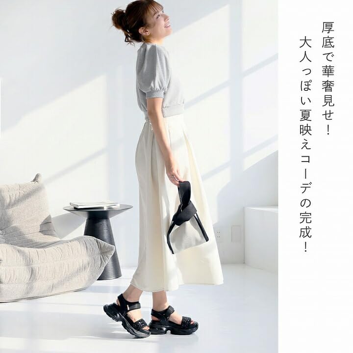 Vivian Women's Platform Sports Sandals with Sequins, Ankle Strap, and Velcro Closure, Black, Size S (22.0-22.5cm), V36001SM