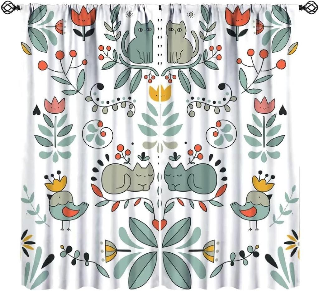 Cartoon Cat Floral Curta, Colorful Spring Blue Orange Flowers Bouquets Funny Cute Cats Nature Garden Window Treatments For