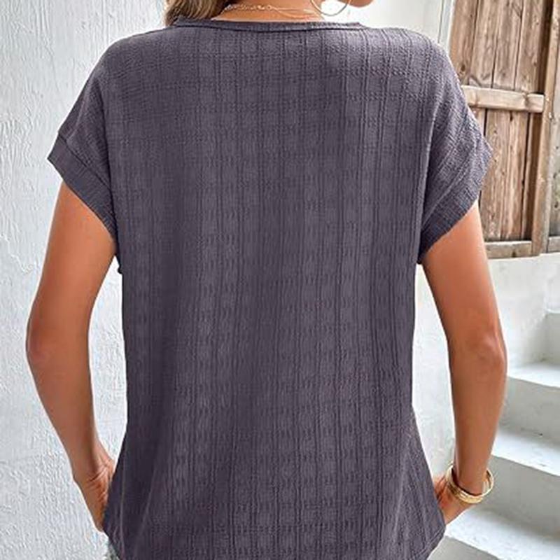 Ladies Summer Short Sleeve O Neck Solid Color Jacquard Plaid Pullover T Shirt Top