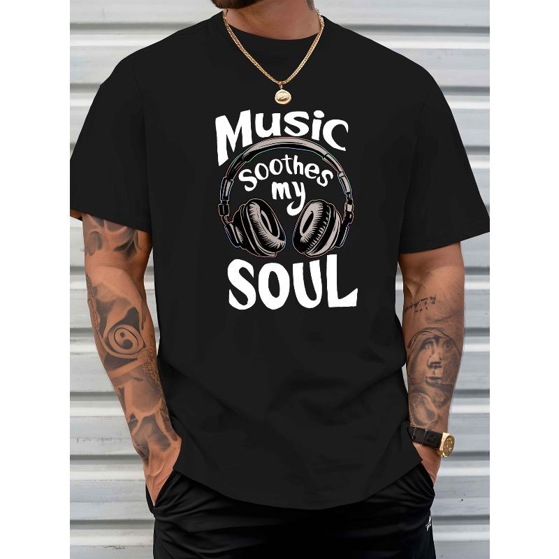 Men'S Music Soothes My Soul Graphic T-Shirt - Short-Sleeve Crewneck with Headphone Print, Summer Beach & Casual Wear, Beach T Shirt