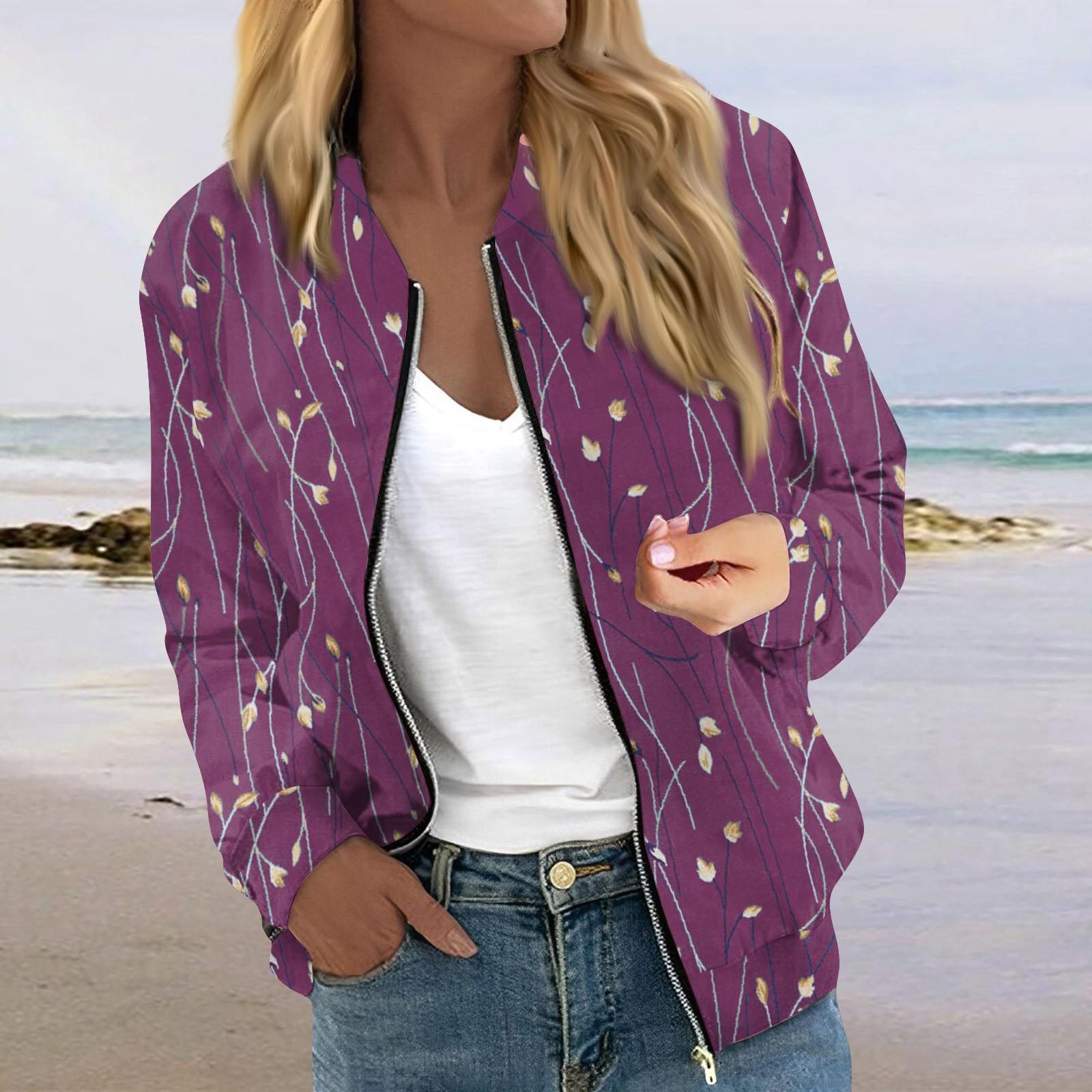 

Куртки для женщин, легкие укороченные куртки с длинным рукавом на молнии, модная верхняя одежда с принтом, повседневные стеганые куртки с карманами M фиолетовый