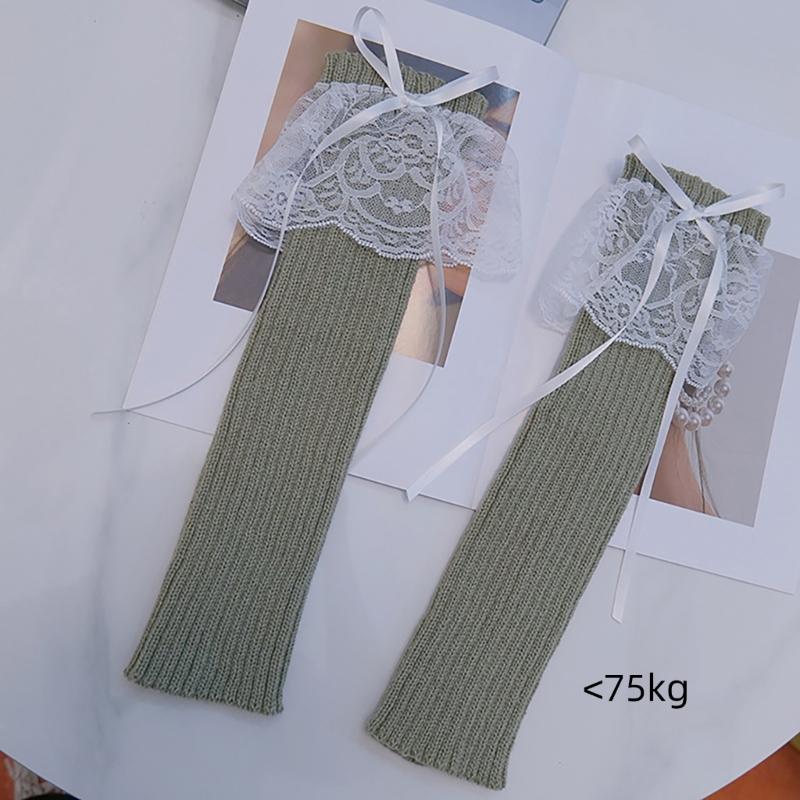 Elegant Ribbed Knit Stretch Leg Warmers Boot Covers Lace Trimmed Ribbon Bowknot Leg Sleeve Knee Length Socks for Women