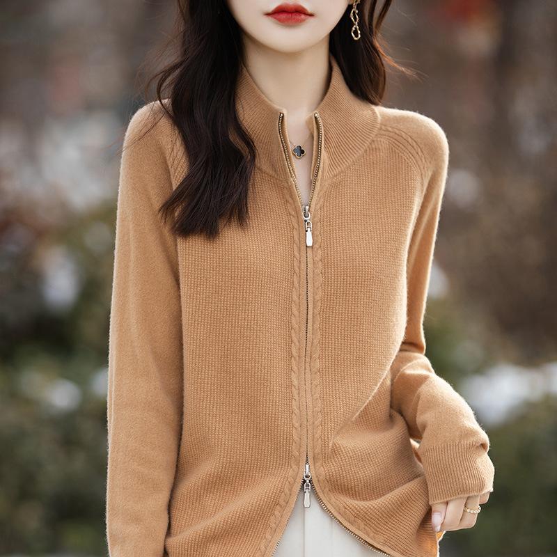 Autumn And Winter New 100 Wool Cardigan Women'S Semi-Turtleneck Zipper Sweater Jacket Wool Knitted Bottoming Shirt Top