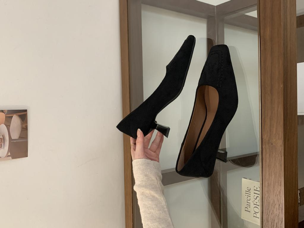 2025 new old money style workplace high heels suede one-pedal ladyshoes women's square head shallow mouth single shoes