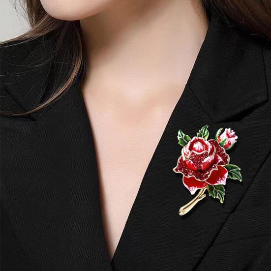 Red Rose Flower Brooch Pin for Women Girls Enamel Rhinestone Floral Brooch Elegant Lapel Pin Jewelry for Party Dance Wedding Banquet