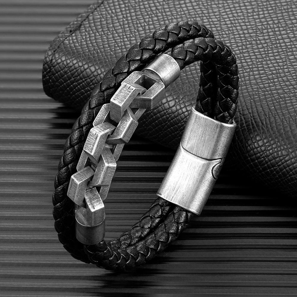Retro Locomotive Men Punk Rock Bicycle Chain Double Strand Leather Bracelet Stainless Steel Magnet Buckle