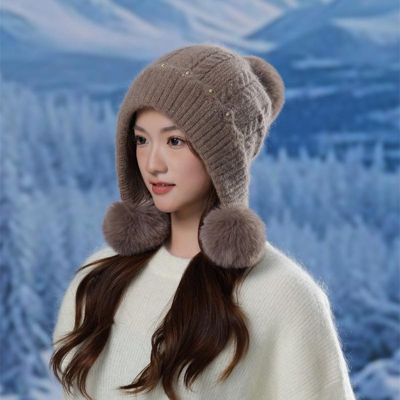 Fleece Kaninchenfell Gestrickte Thermomütze Damen Herbst und Winter Mode Pompon Ohrenschützer Wolle Pullovermütze