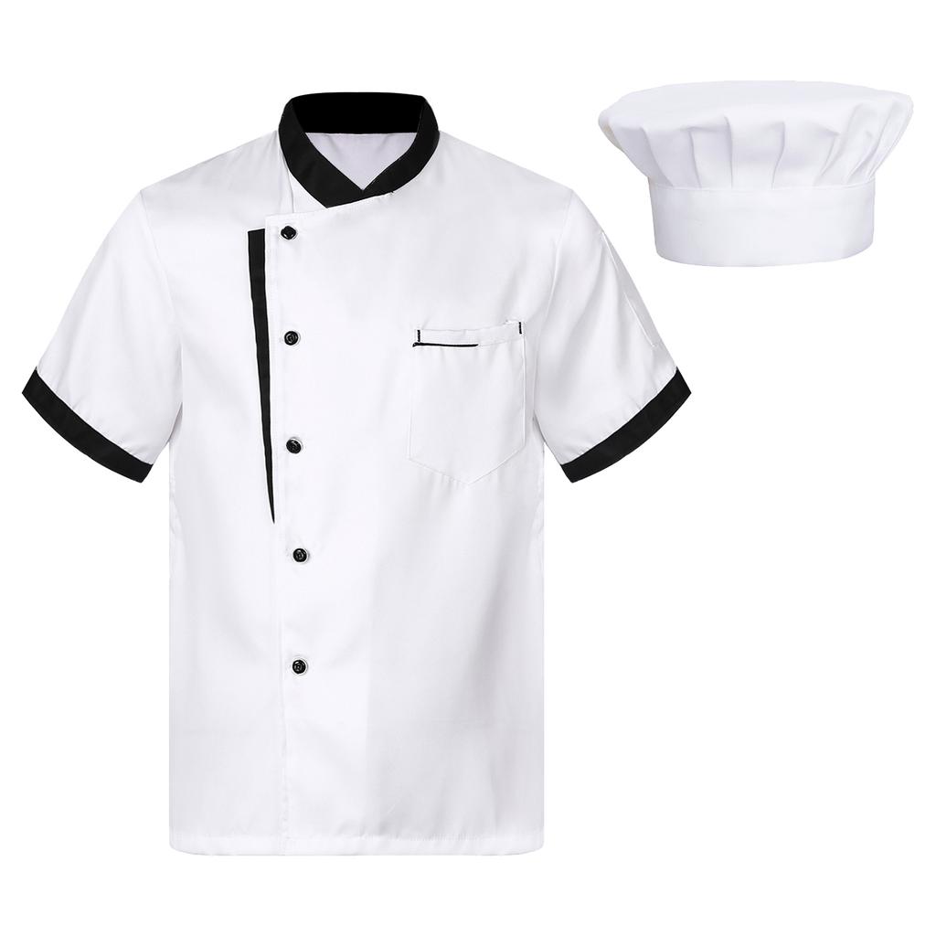Unisex oddychający fartuch szefa kuchni z krótkim rękawem, zapinany na guziki, kurtka kucharza, uniform piekarni, kuchni, restauracji, czapka