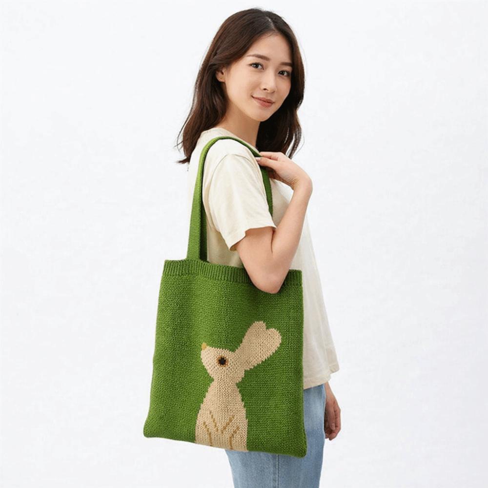 Animal Rabbit Handbag Green Weave Shoulder Bag Simple Knitted Tote Bag  Girls