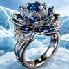 European and American Lotus Ring, Intricately Carved Silver with Diamond Accents, a Niche and High-end Piece of Jewelry