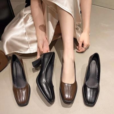 Women Classic Round Toe Black Patent Leather Slip On Square Heel Shoes for Office Lady Casual Hotel Work Pumps Zapatos Mujer A12
