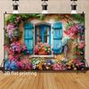 2D Provence Floral Backdrop, Rustic Blue Window with Colorful Roses Background Cloth for Photoshoot
