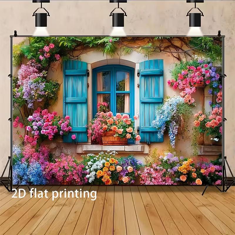 2D Provence Floral Backdrop, Rustic Blue Window with Colorful Roses Background Cloth for Photoshoot