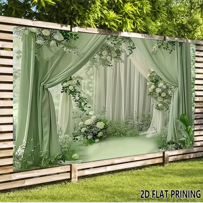 2D Soft Green & White Drape Backdrop with Flowers Photo Background