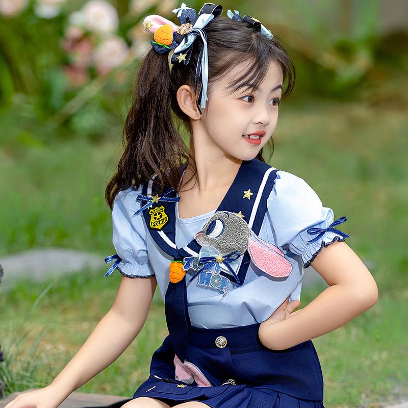 Girls' Summer Rabbit Police Costume Set - Stylish Two-Piece Performance Outfit