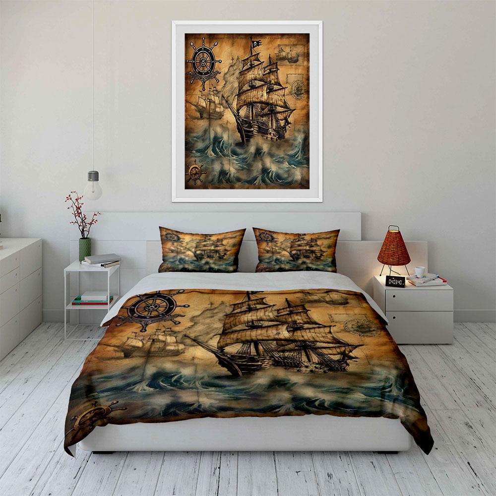 Vintage Pirate Ship Design Bedding Duvet Cover Set Duvet Cover Pillowcases (1*Duvet Cover 2*Pillowcases, without duvet insert)