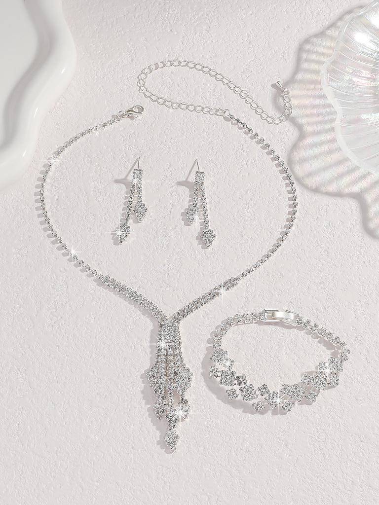 Crystal Silver Geometric Tassel Necklace & Earrings Three-piece Set Wedding Gift Party Accessories for Bride