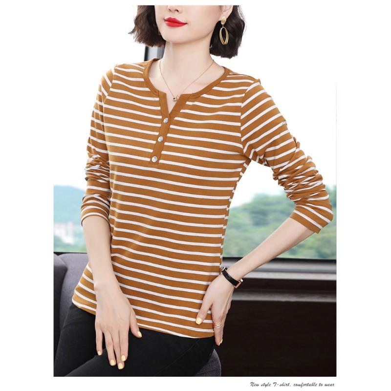 Long Sleeve Striped V Neck T Shirt Women Fitted Plus Size Casual Top