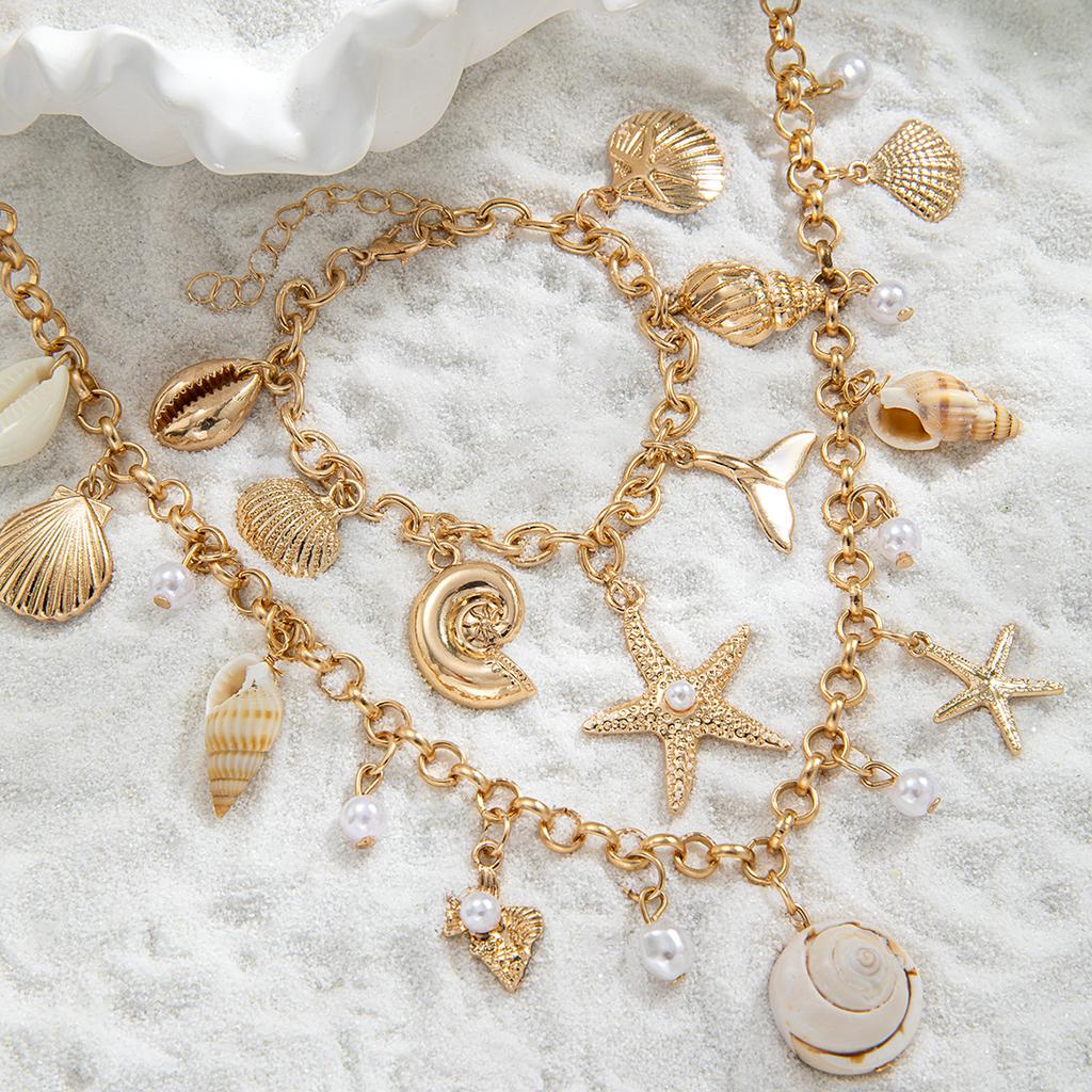 Coastal Style Shell, Conch and Starfish Necklace & Bracelet Set, Vacation Style Clavicle Chain