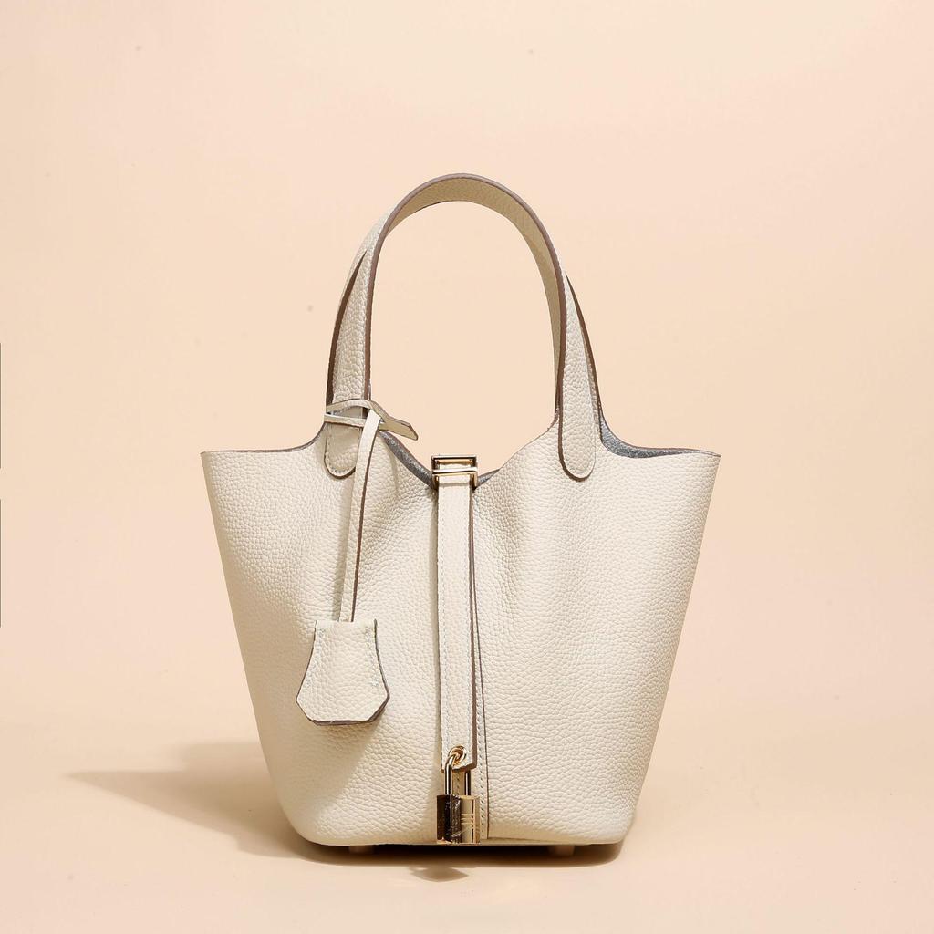 2024 kvinners ekte skinn Litchi-mønster bøtteveske - høst/vinter grønnsakskurv håndveske