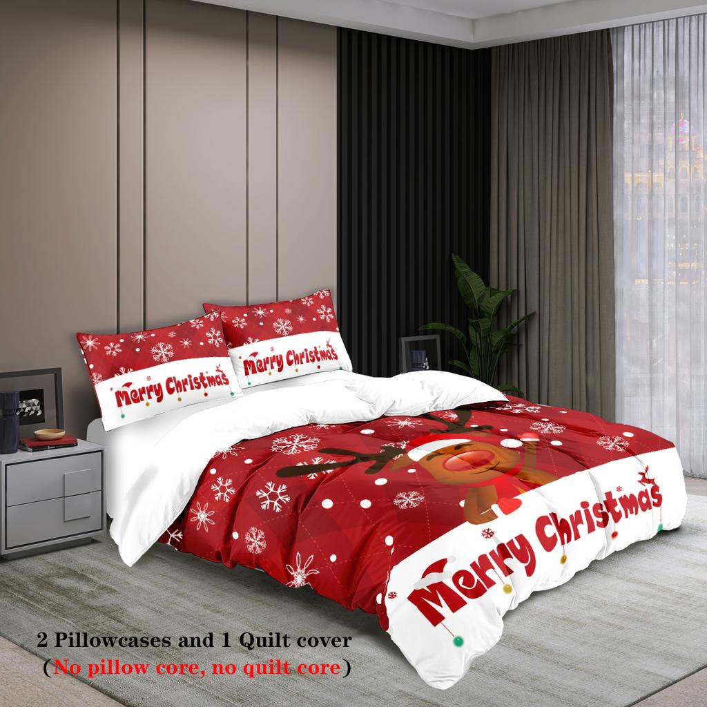 3-piece Christmas themed red checkered reindeer Santa Claus pattern print (1 duvet cover+2 pillowcases, no core) bedding set