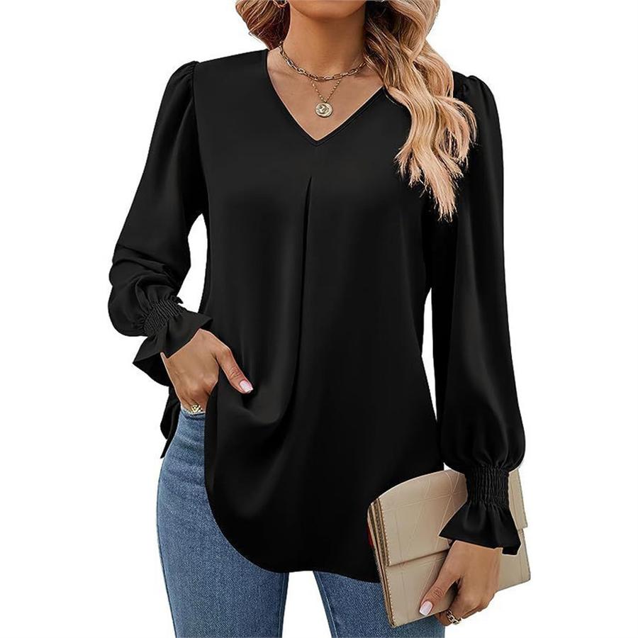 Women's Fall New Arrivals Solid Sheer Chiffon Shirt V-Neck Sleeveless Bell Sleeve Long Sleeve Top Blouse