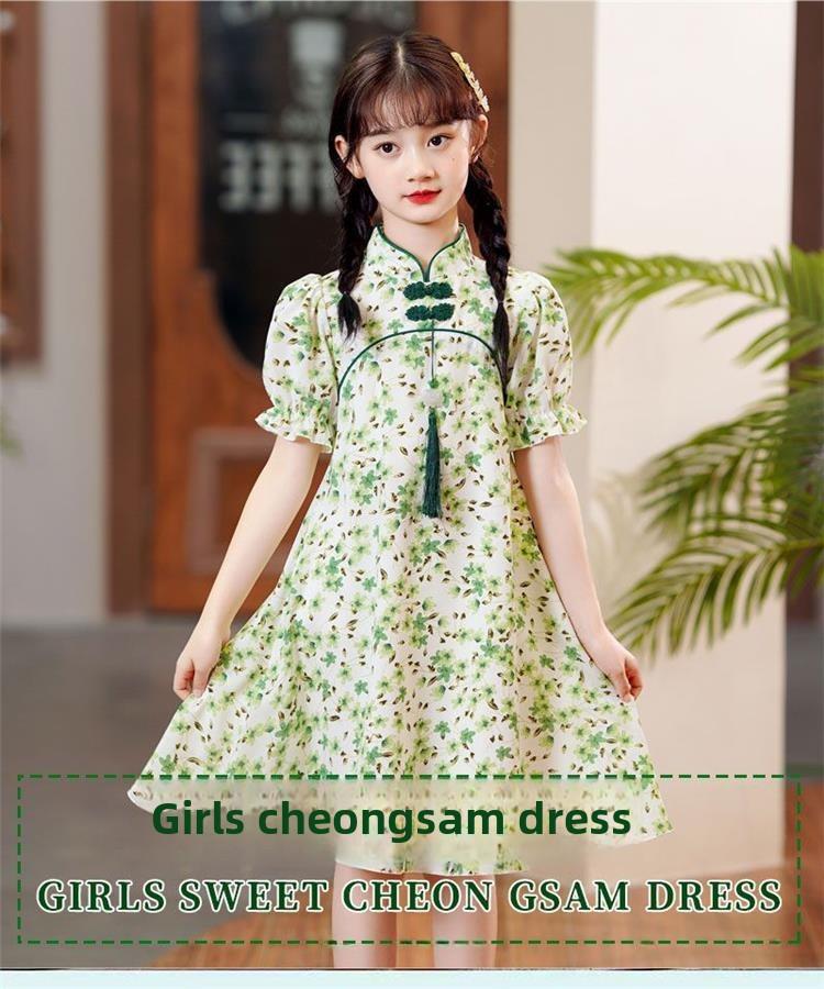 Girls' Summer Floral Cheongsam Princess Dress - Chinese Hanfu Style