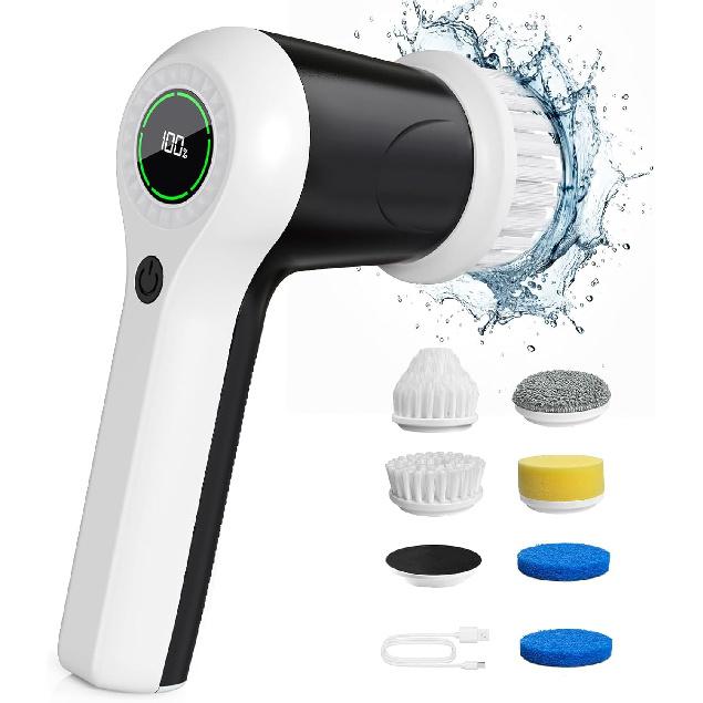 Electric Spin Scrubber, Cordless Shower Scrubber with Battery Level Display, 2 Speeds Electric Scrubber for Cleaning with 6 Replaceable Heads,