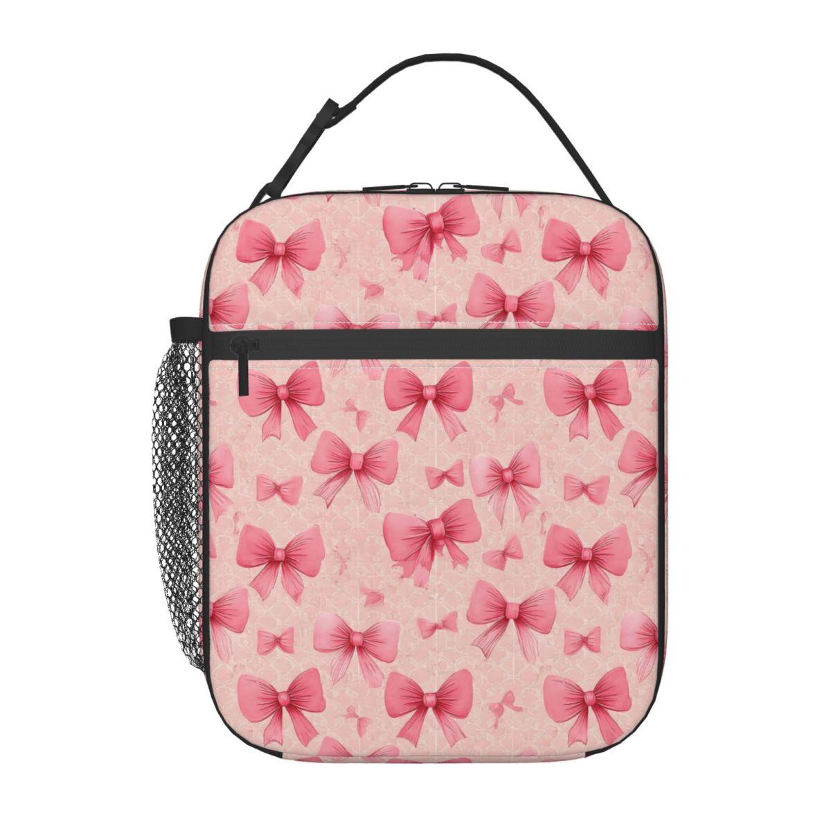 

Pink Bow Pattern Insulated Lunch Bag for Women Kids Portable Food Boxes Thermal Lunch Box Tote One Size