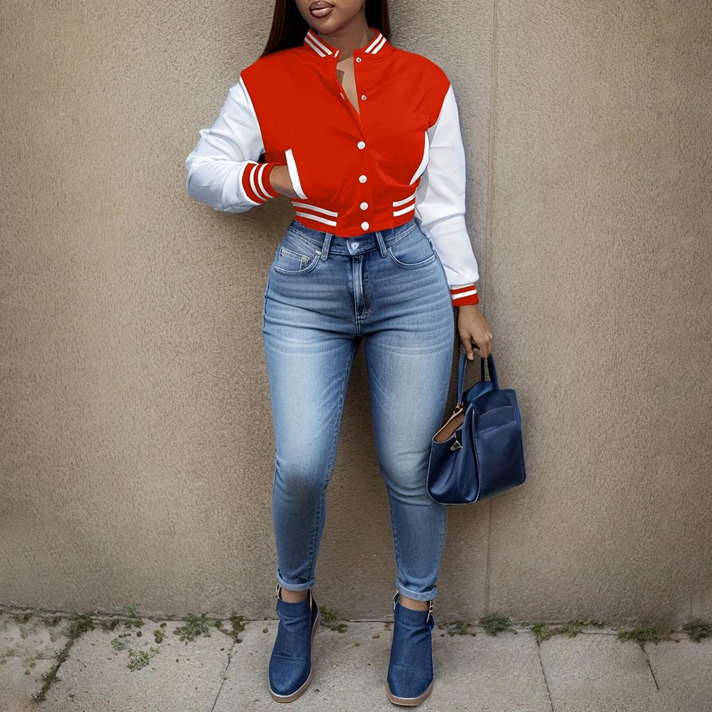 Women's Fashion Short Slim Solid Color Splicing Jacket Single Breasted Baseball Clothing Sports Coat Jacket Sweatshirt