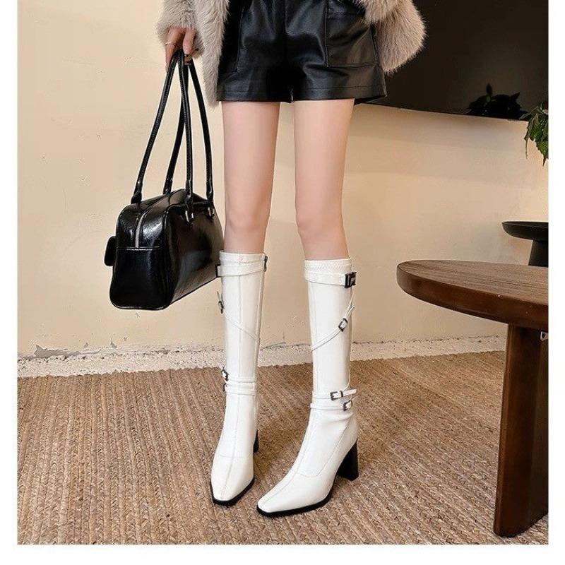 Popular High-heeled Boots Women's 2025 Temperament Thick-heeled Square-headed Knight Boots But Knee-high Boots