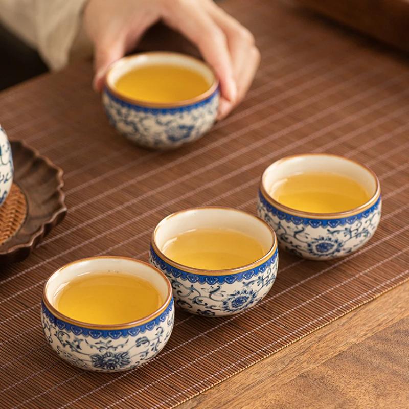 Ceramic Teacup Set 6pcs Kung Fu Tea Set Ru Kiln Qinghua Chinese Tea Table Tea Accessories