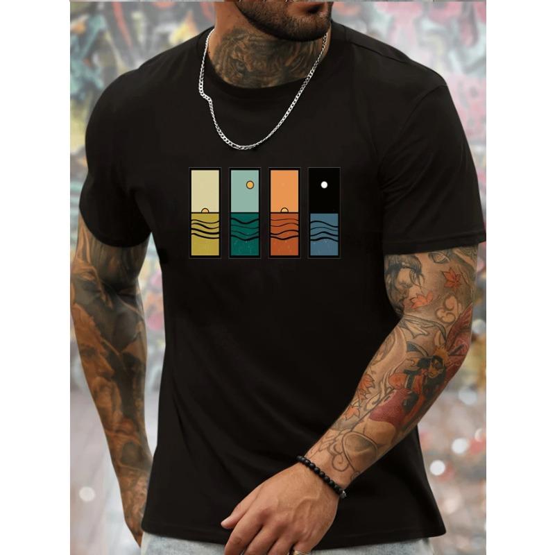 

Европейские размеры Мужская модная футболка с коротким рукавом с креативным принтом «Восход Закат Океан», Повседневная свободная базовая футболка с круглым вырезом S чёрный