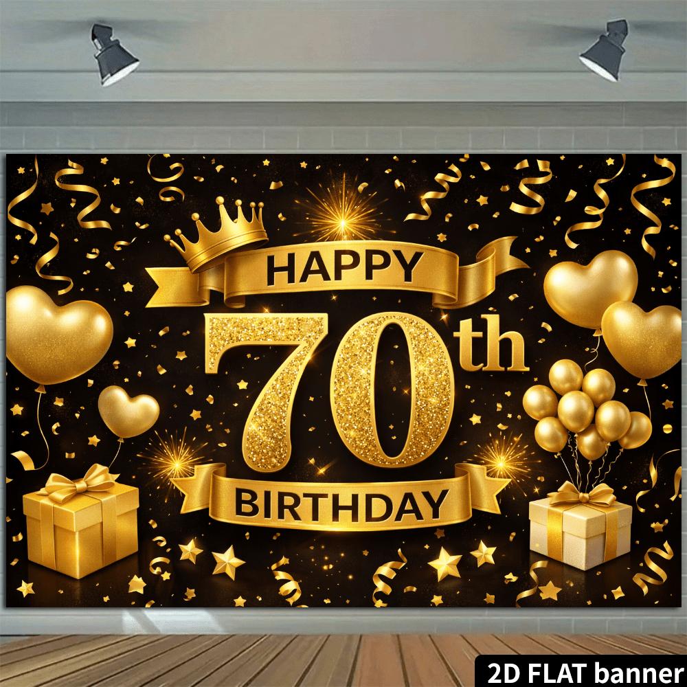 2D Plane 70th Birthday Party Background - Black and Gold Crown Theme, Both Indoor and Outdoor Celebration of 70th Anniversary
