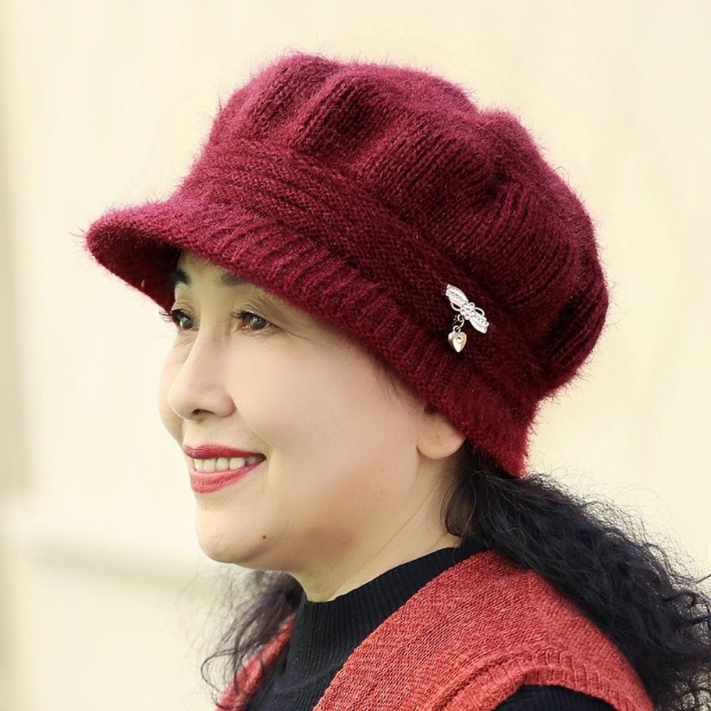 Fleece Lined Knitted Wool Hat Thickened Ear Protection Cap Pumpkin Beret Hat for Middle Aged Women