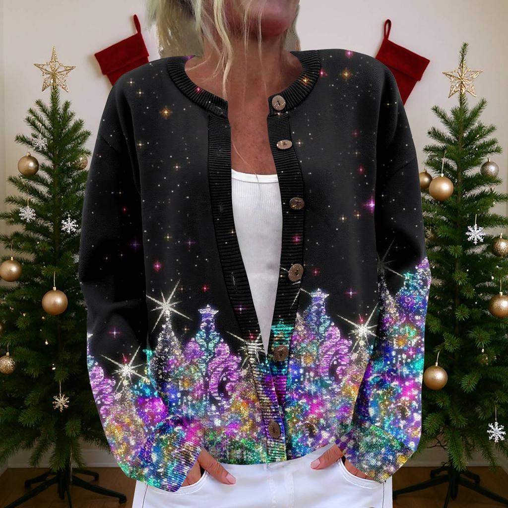 Damen Strickjacke Langarm Leichtgewichtige Jacke mit lustigem Weihnachtsdruck